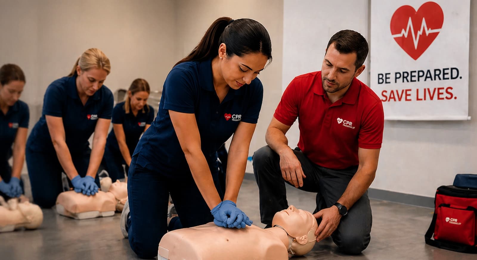 Two New Life instructors demonstrating CPR chest compressions on training mannequins